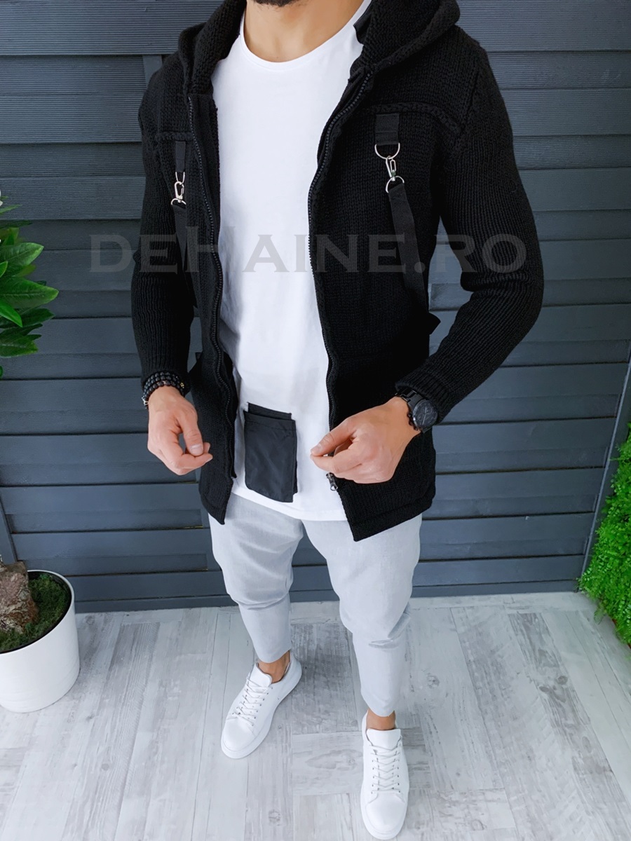 Cardigan barbati negru cu gluga slim fit zr t3615 103-1/ u